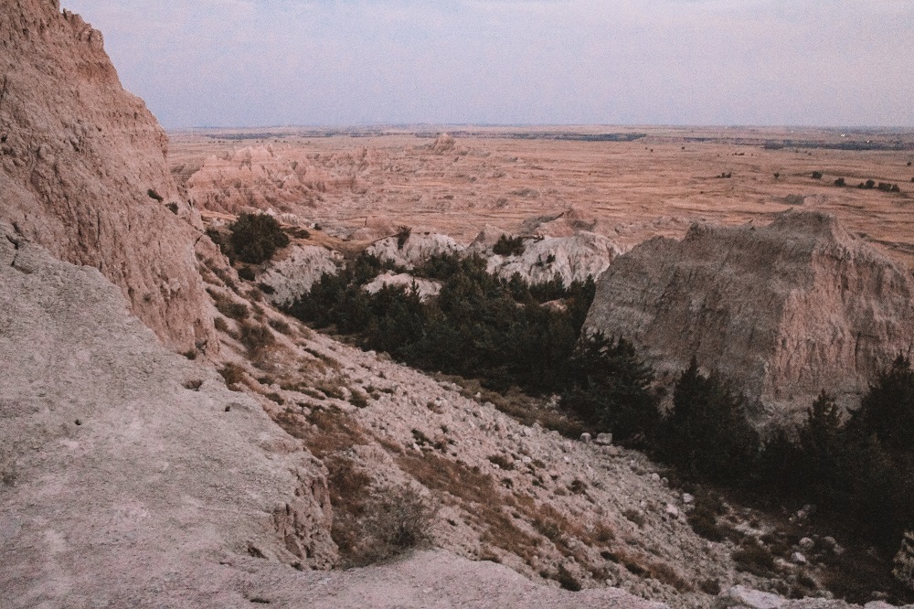 Looking out over Badlands rocky formations from the end of The Notch Trail.