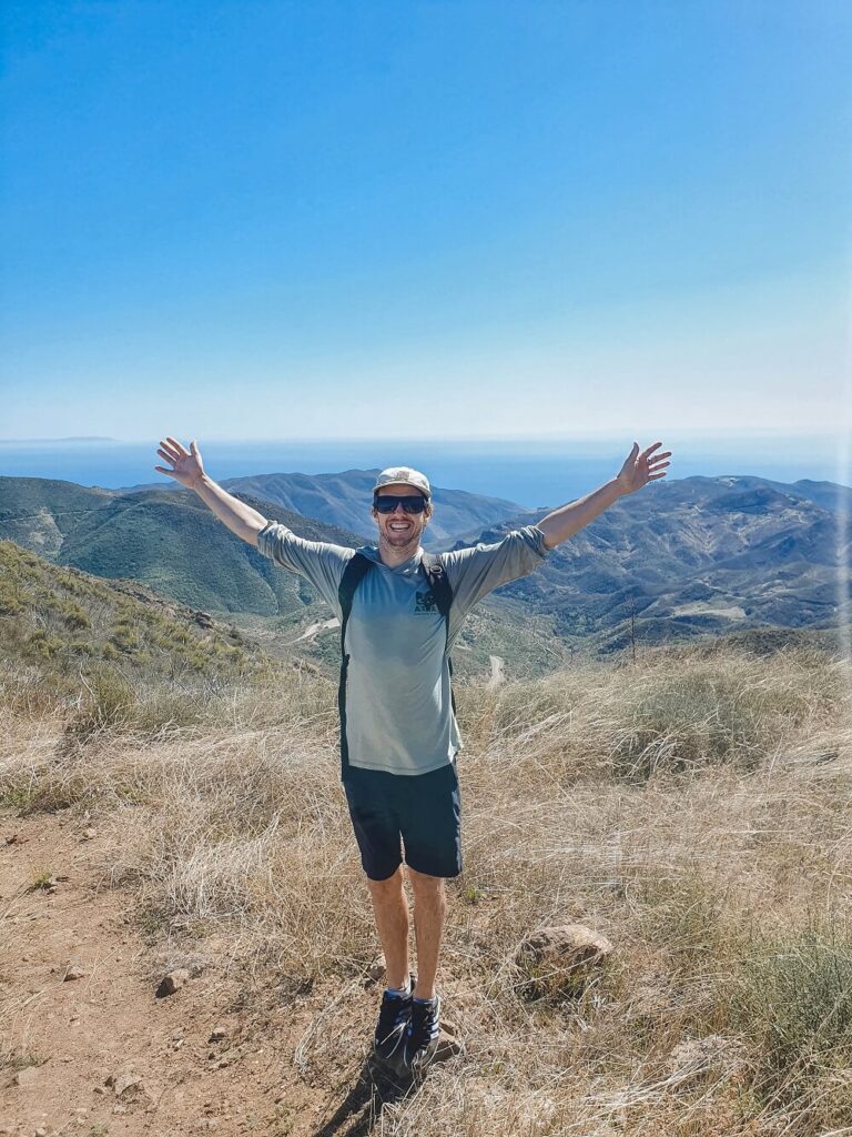 Hiking to Sandstone Peak on Backbone Trail in the Santa Monica Mountains.