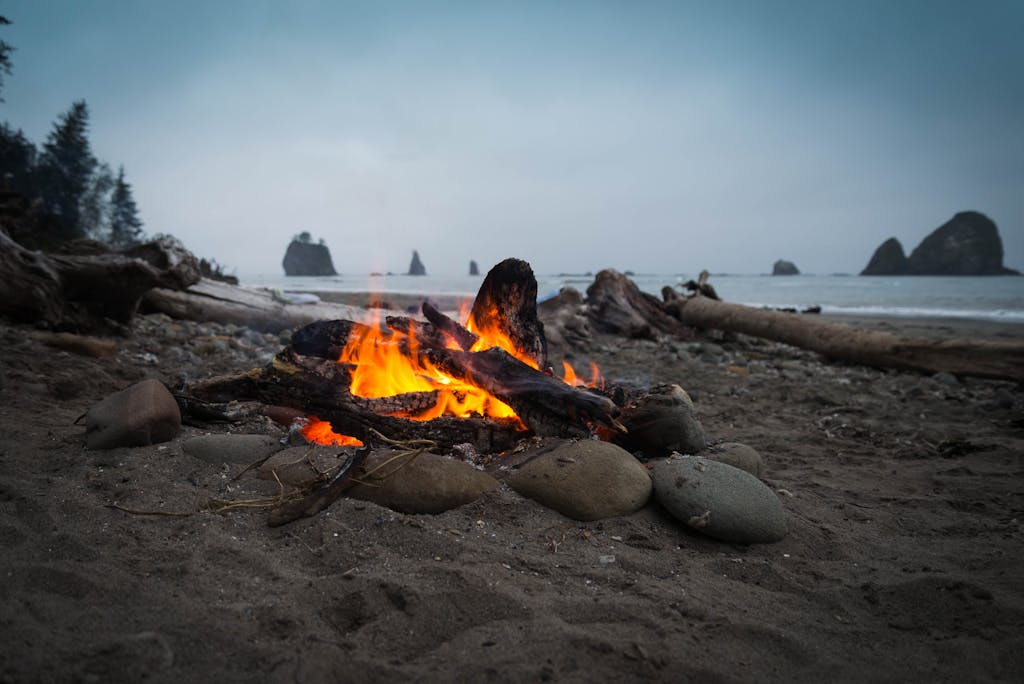 Campfire on a beach along the Olympic Coast in Washington.