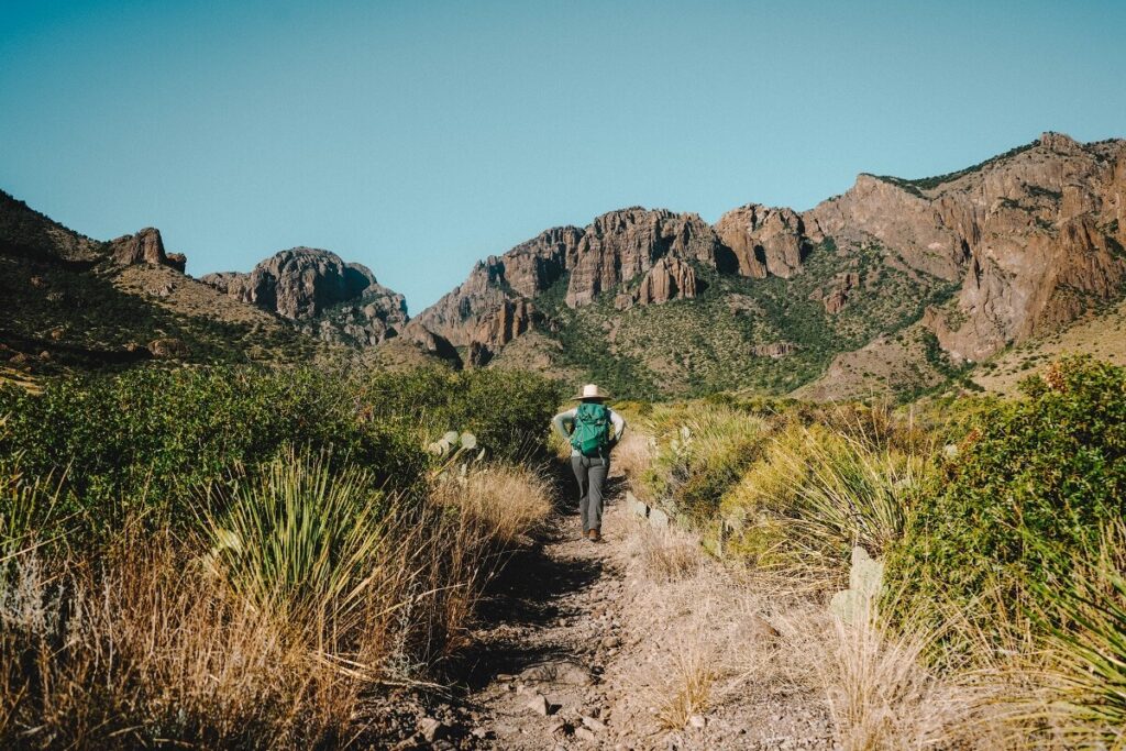 Hiking Pine Canyon Trail at Big Bend National Park, West Texas.