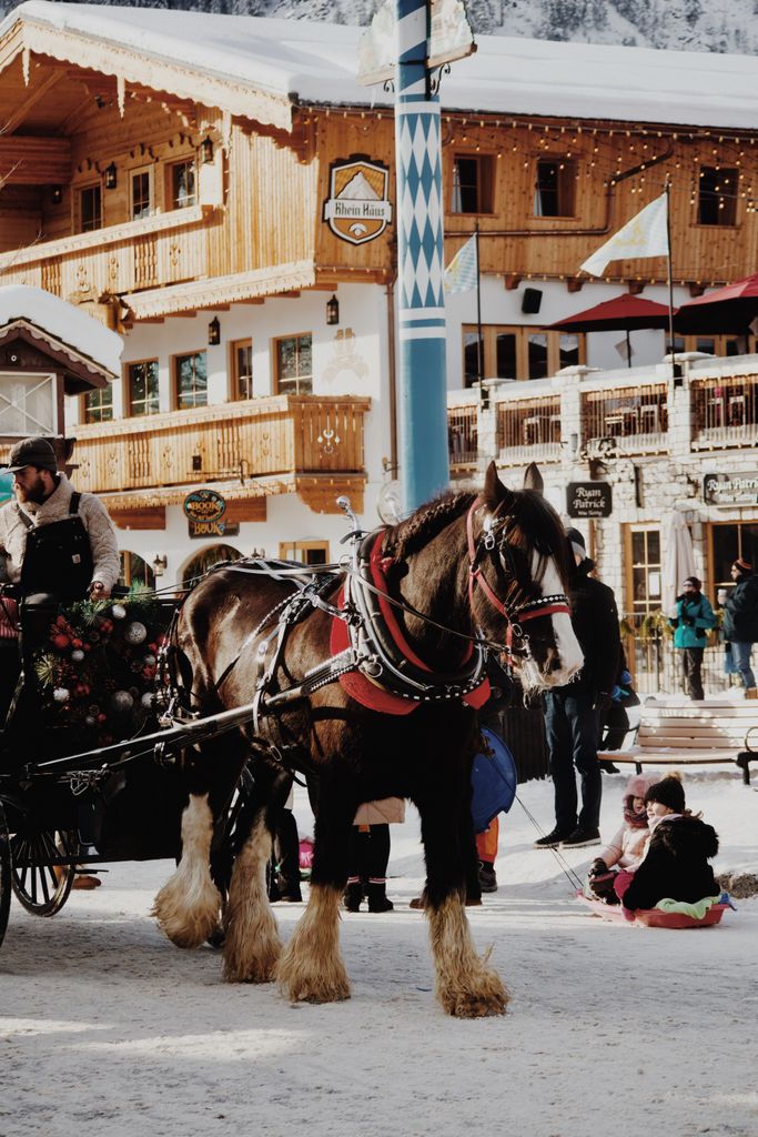 Horse-drawn carriage in a picturesque winter village, evoking the festive holiday spirit in Leavenworth, Washington.